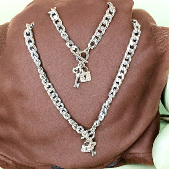 Silvertone Chain Lock & Key Necklace Bracelet Set Womens Gift Statement Jewelry - Picture 2 of 7